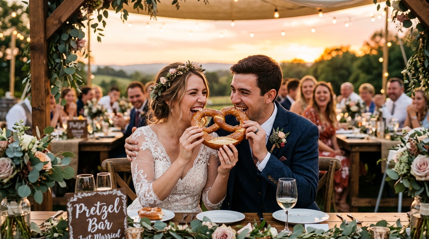 Bride and groom enjoying soft pretzels together at their wedding reception