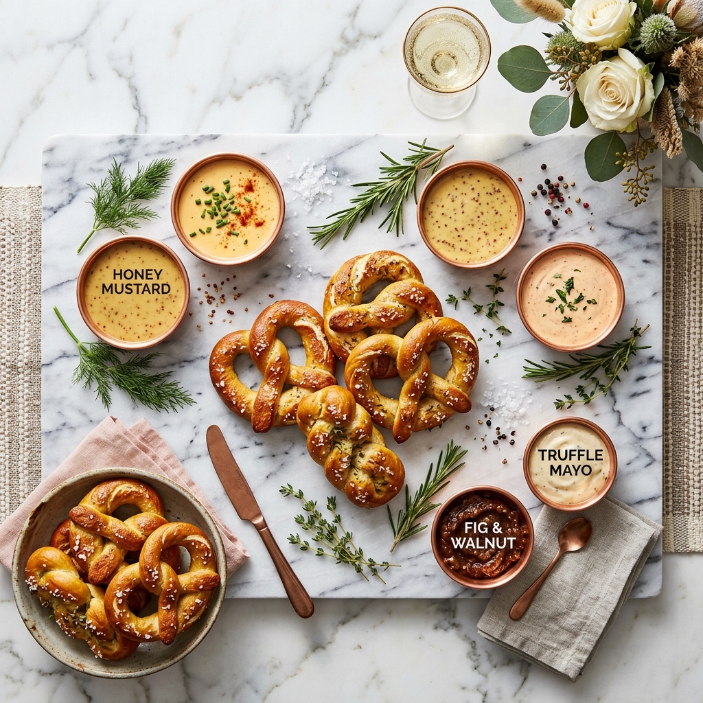 Overhead flat lay of wedding pretzel bar with dips, pretzels, and chalkboard labels