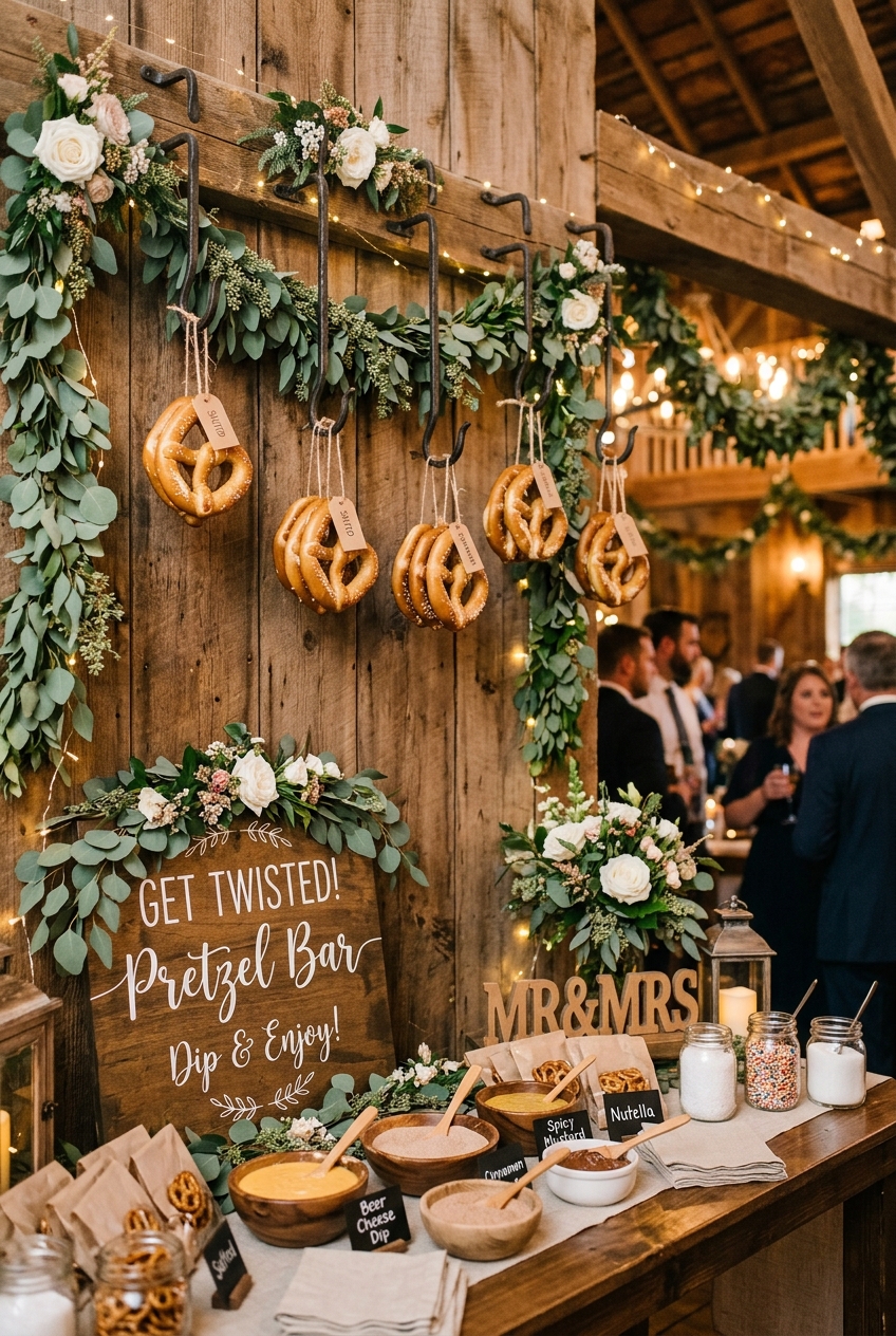 Rustic wedding pretzel bar display with chalkboard signage and wooden risers