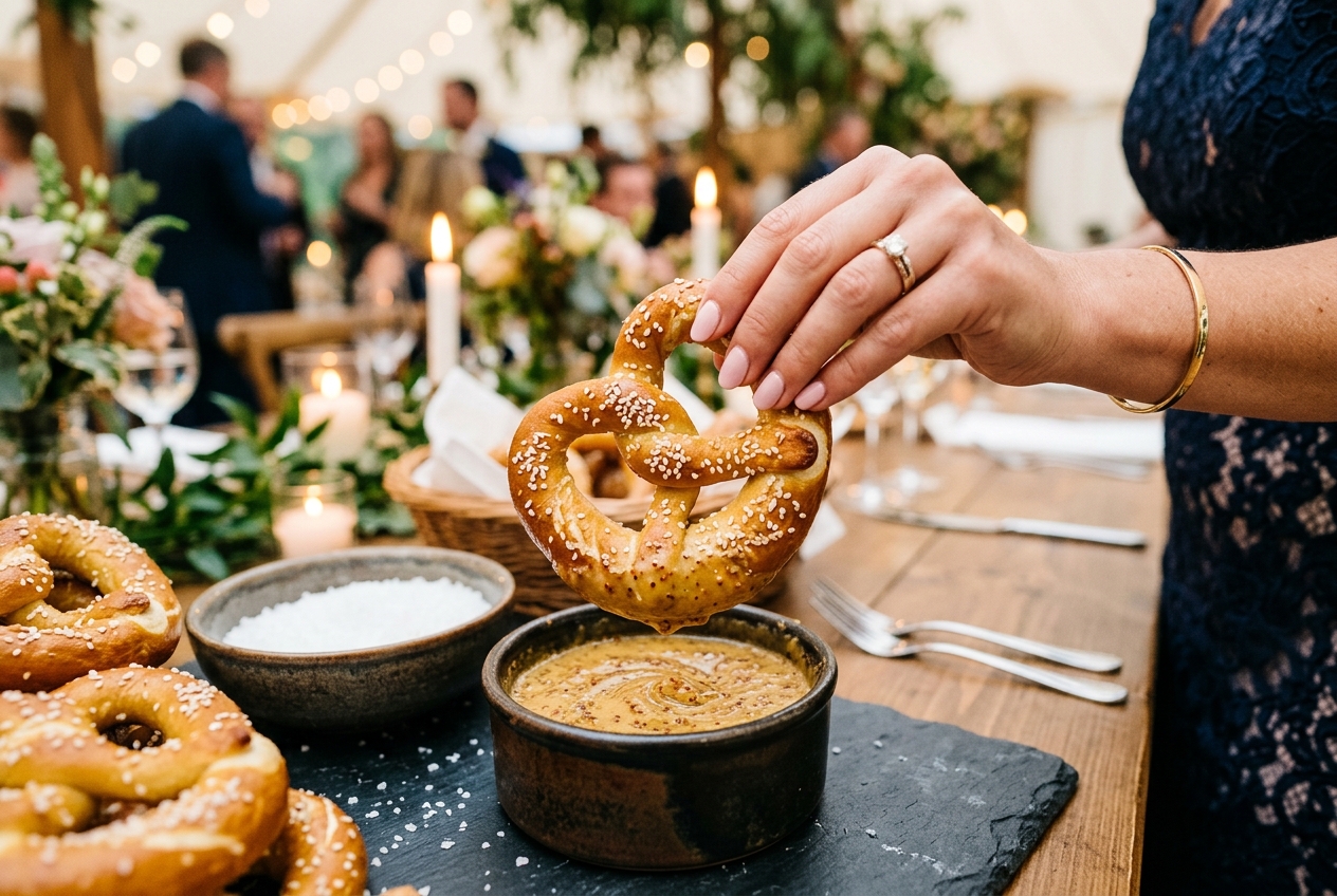 Close-up of pretzel dipping into beer cheese sauce at a wedding pretzel bar