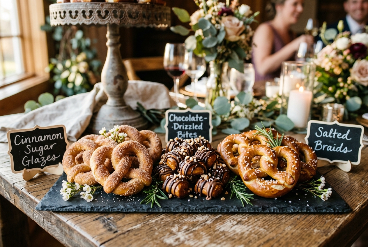 Variety of soft pretzels including salted, cinnamon sugar, and dipped options at a wedding