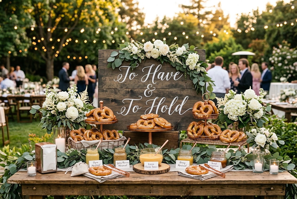 Wedding soft pretzel bar setup with warm pretzels, dips, and chalkboard signage